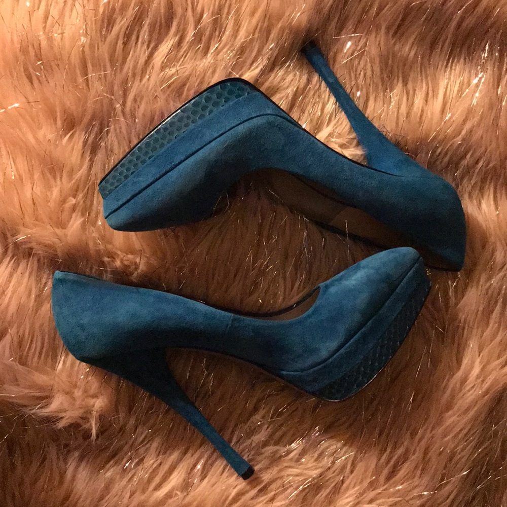 Versace Teal Blue Suede Platform Stiletto Pumps